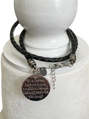 Black Braided Leather Wrap Bracelet with Silver Mother & Daughter Charm